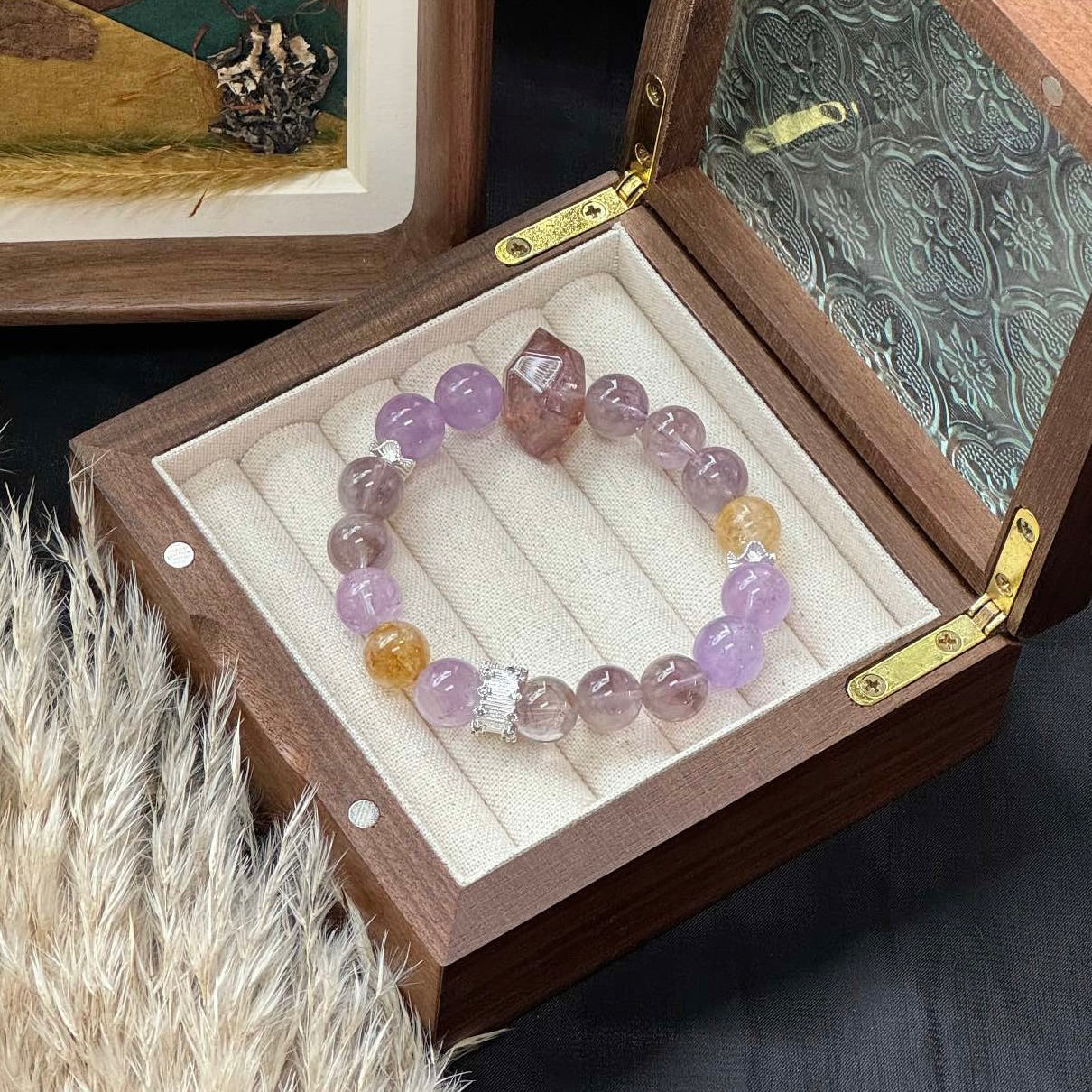 Purple Phantom Quartz and Lavender Amethyst Bracelet with Yellow Creastly