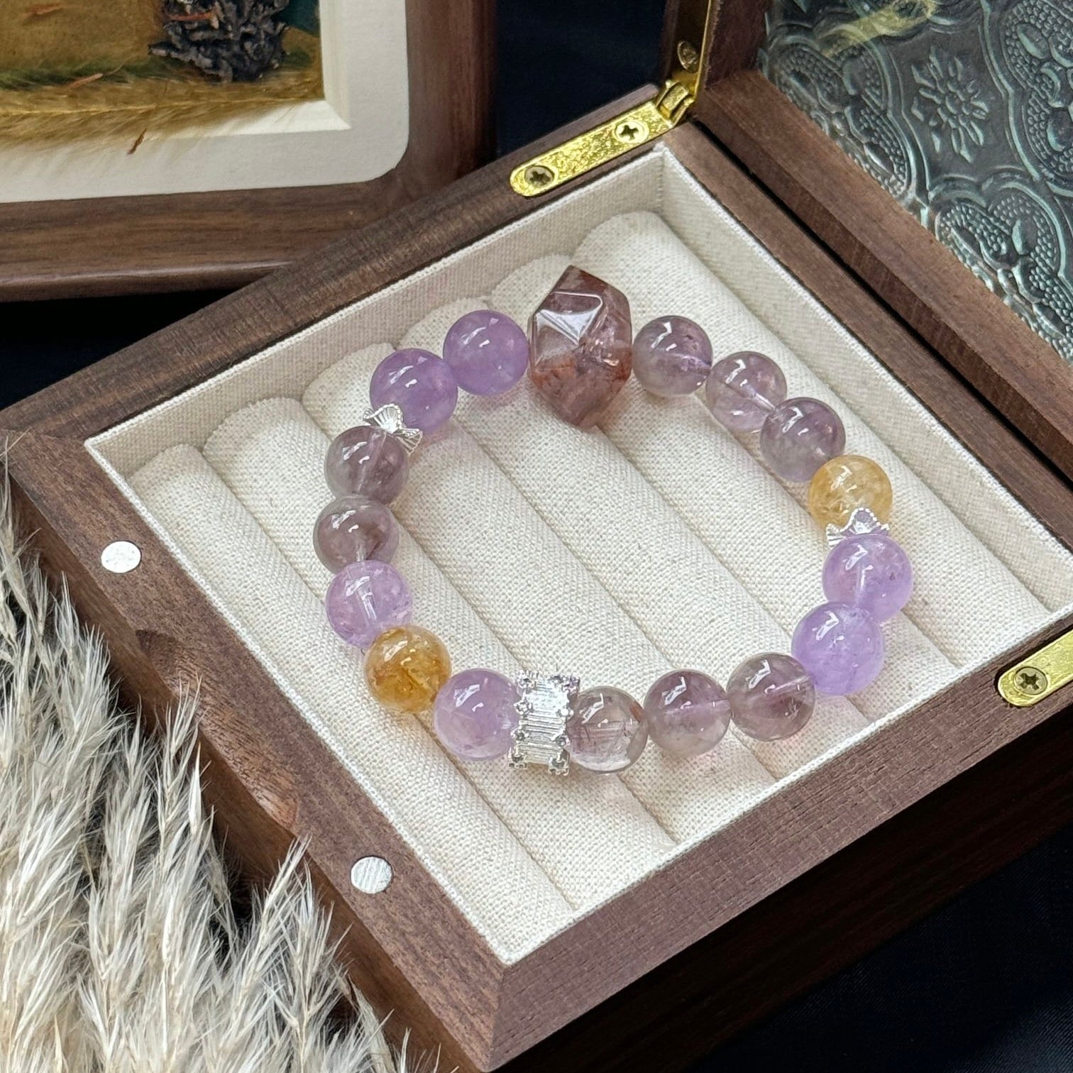 Purple Phantom Quartz and Lavender Amethyst Bracelet with Yellow Creastly