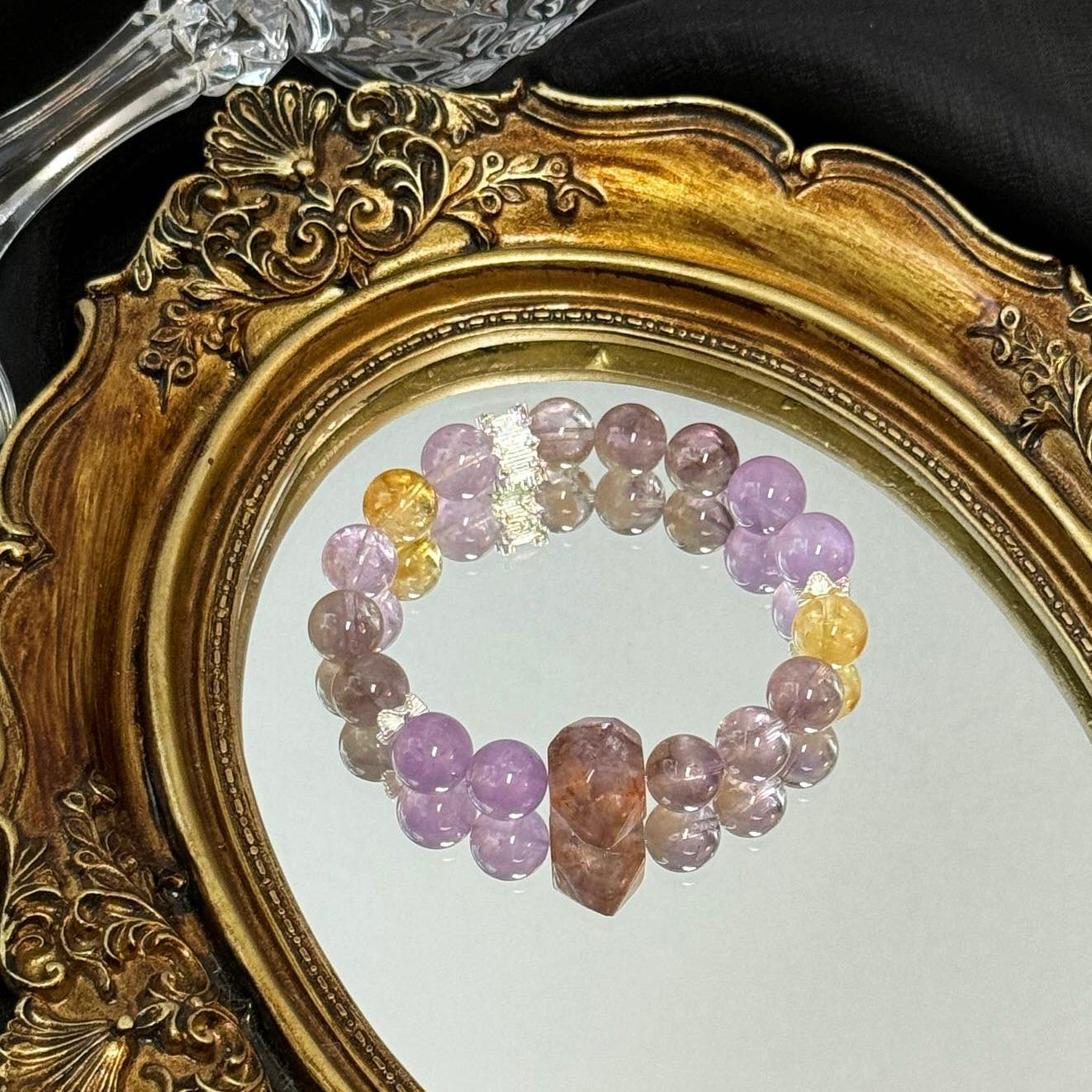 Purple Phantom Quartz and Lavender Amethyst Bracelet with Yellow Creastly