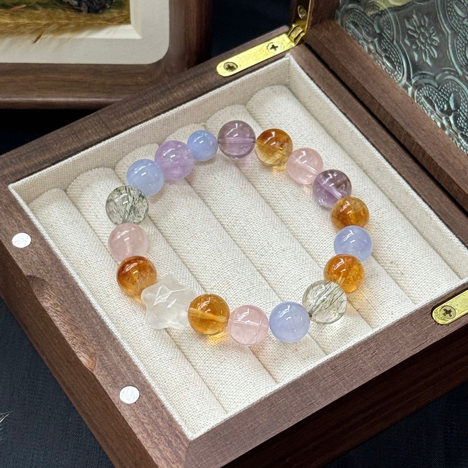 Citrine and Rose Quartz Bracelet with Blue Agate