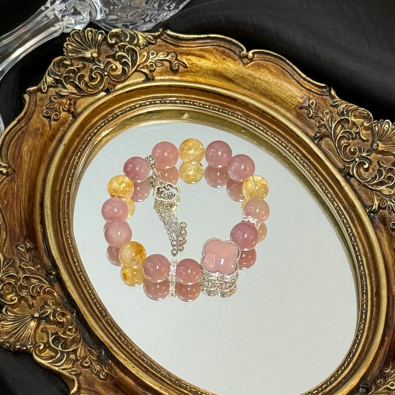 Madagascar Rose Quartz and  Citrine Bracelet with Pink Chalcedony