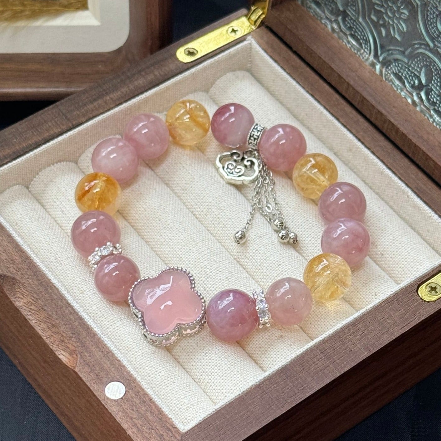 Madagascar Rose Quartz and  Citrine Bracelet with Pink Chalcedony