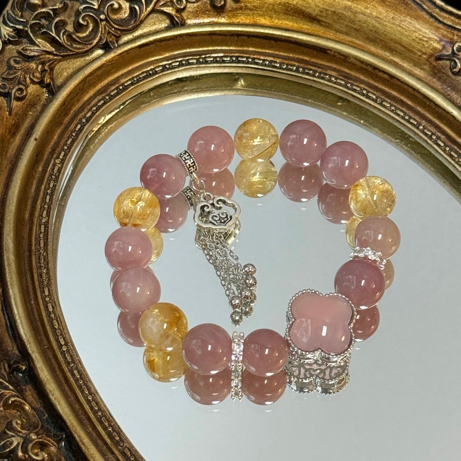 Madagascar Rose Quartz and  Citrine Bracelet with Pink Chalcedony