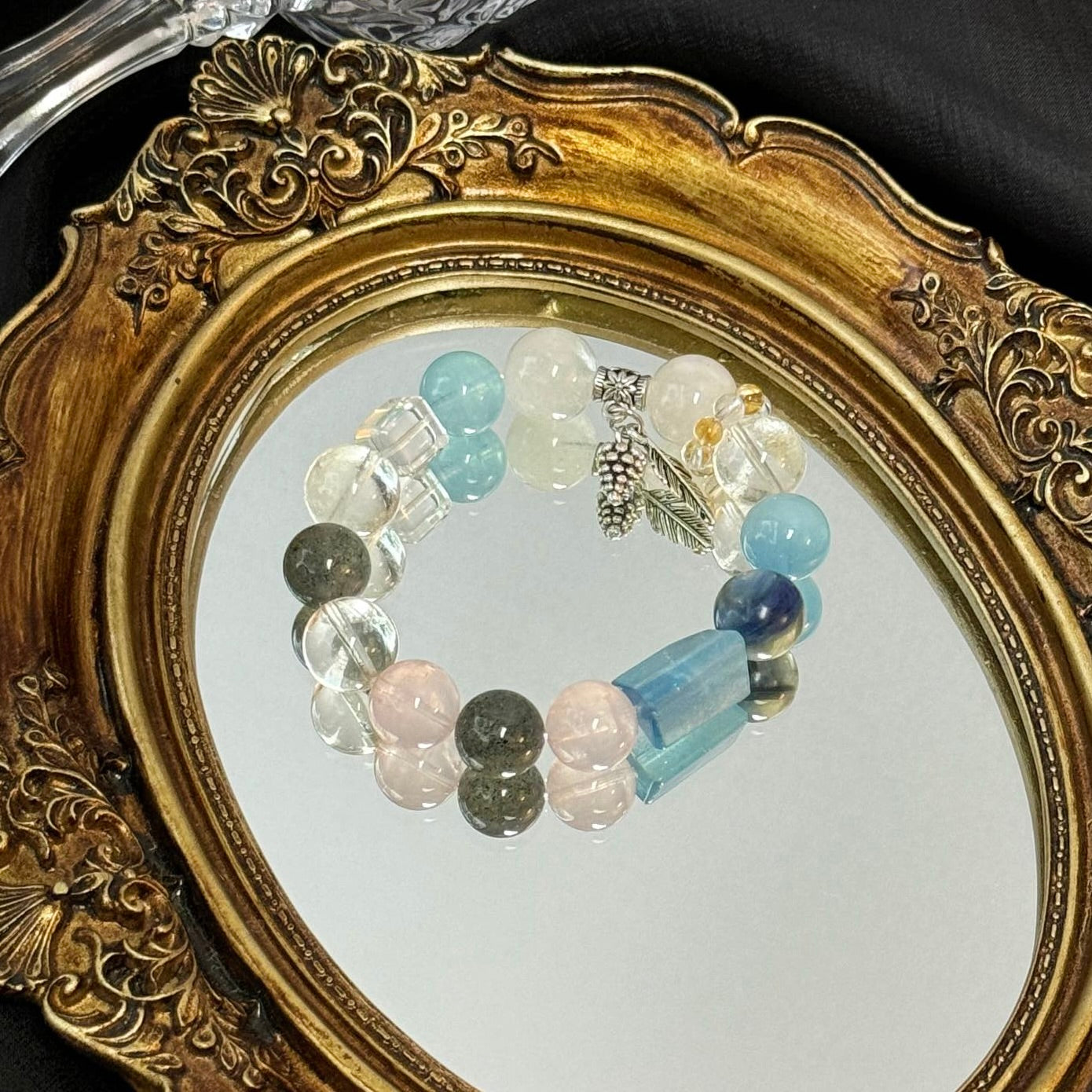 Rose Quartz and Biotite Bracelet with Aquamarine