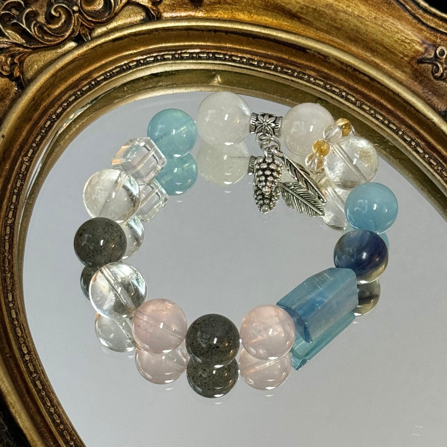 Rose Quartz and Biotite Bracelet with Aquamarine